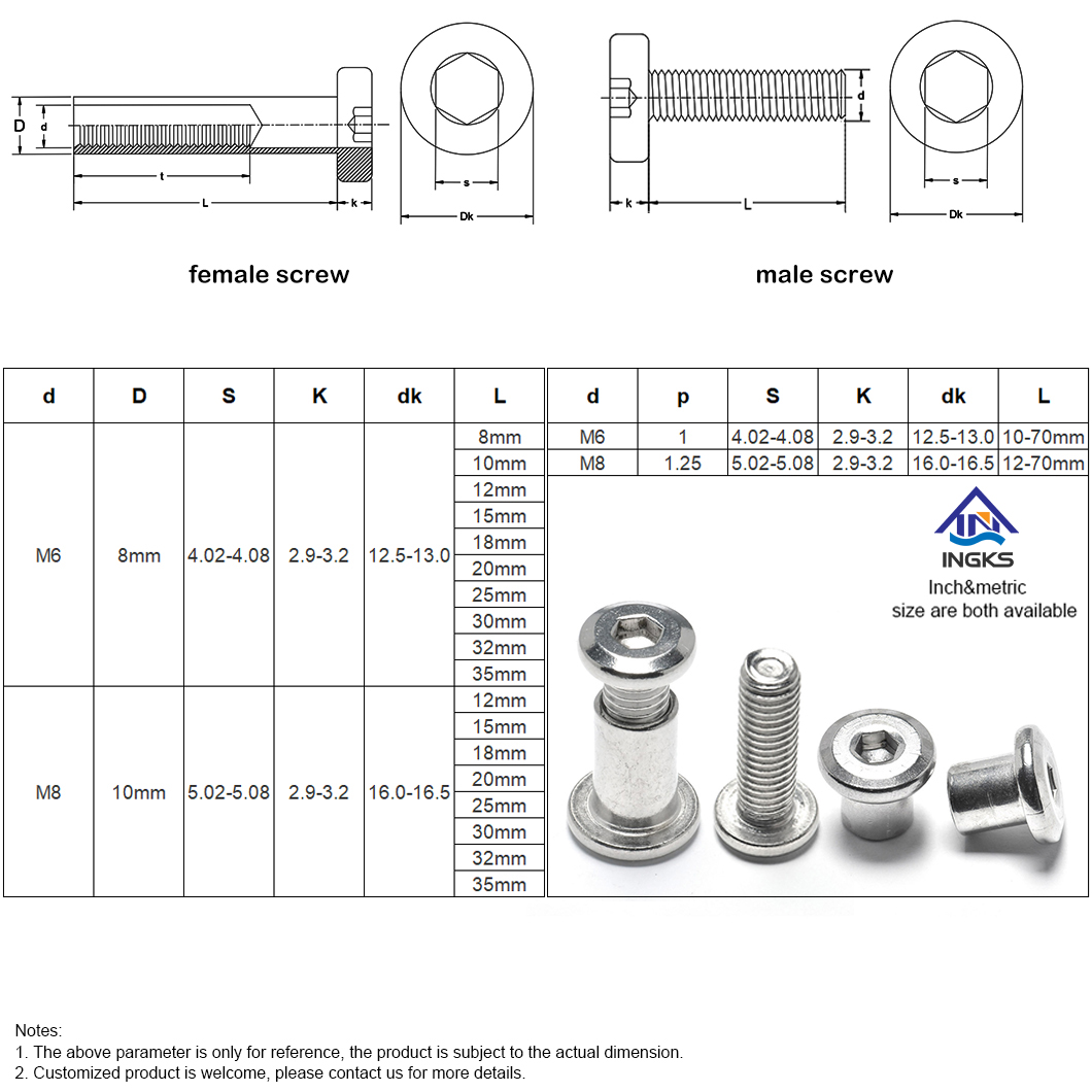 Tornillo hembra de cabeza plana biselada con casquillo hexagonal + Tornillo macho de cabeza plana biselada con casquillo hexagonal-6A-6S1