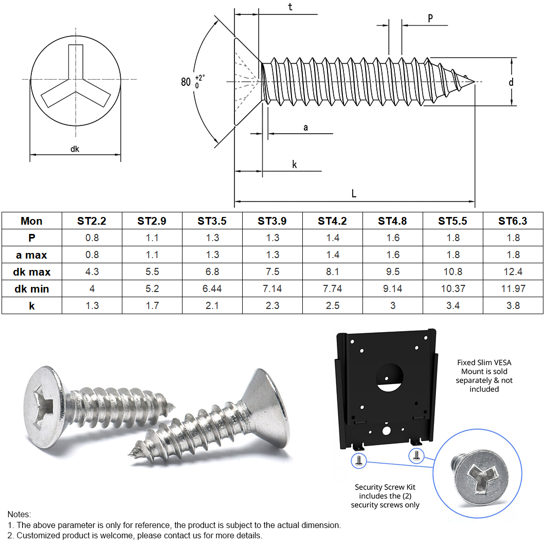 Tornillo de seguridad con cabeza CSK tipo Y de tama&ntilde;o en pulgadas m&eacute;tricas de acero inoxidable (1)